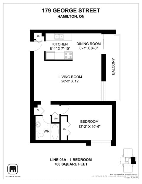 Floor plan for 1 bed, 1 bath, 785 sqft